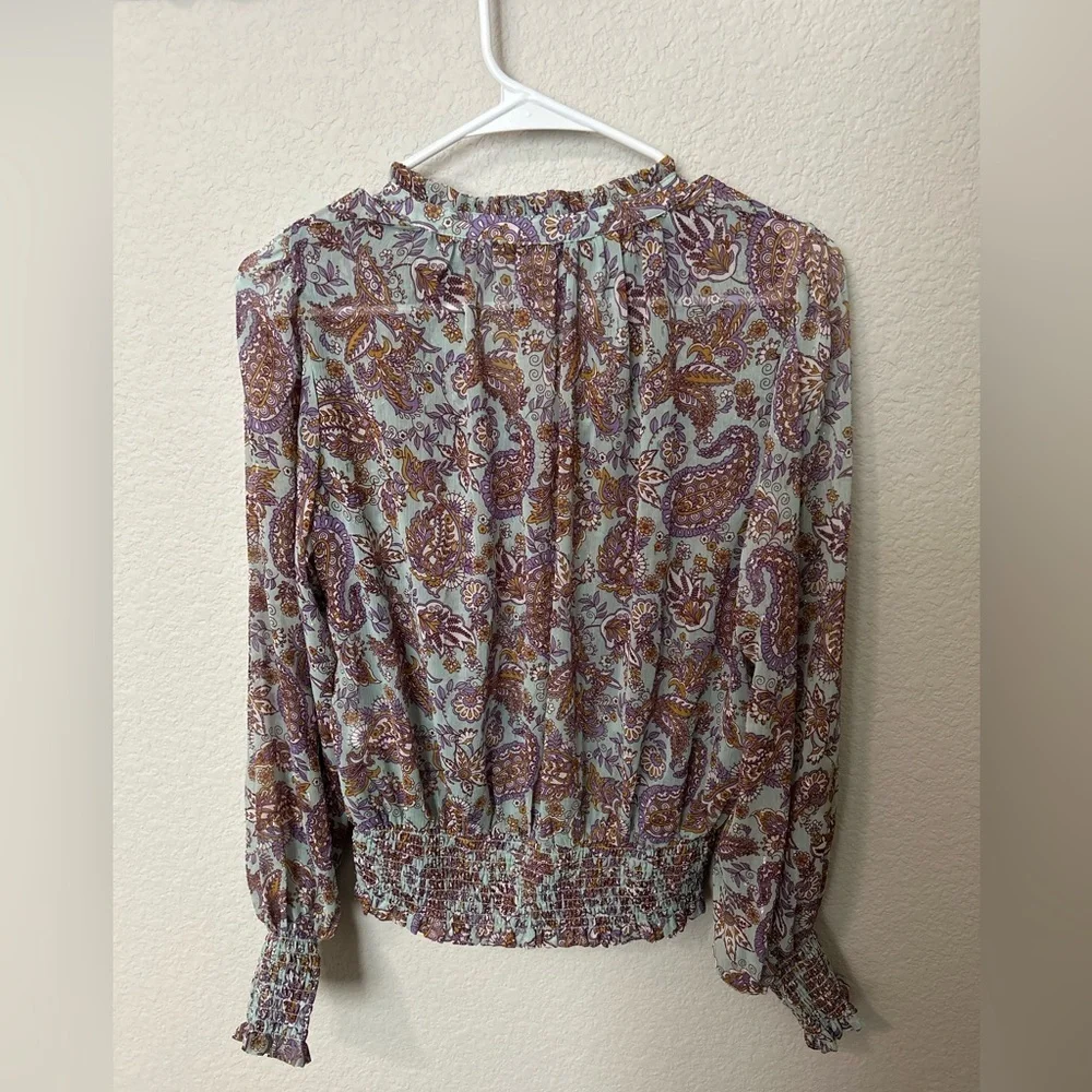 Rachel Zoe Paisley Boho Blouse Smocked Waist Long Sleeve Size Small - Picture 6 of 6